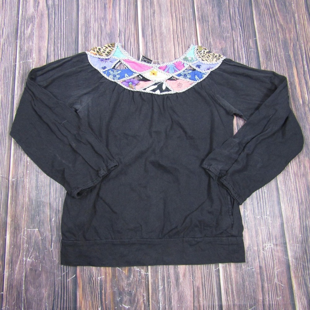 Delicia Womens Small Black Floral Embroidered Scoop Neck Long Sleeve Blouse Top